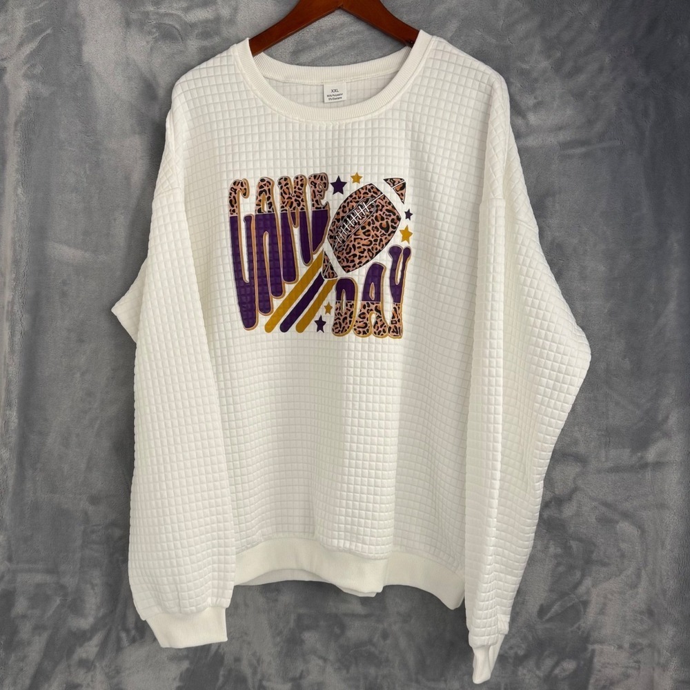 Game Day Sweatshirt Women XXL White Football Leopard Print Quilted Waffle Knit - Picture 3 of 9
